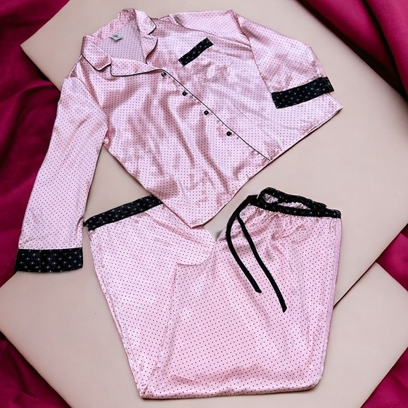 In Bloom by Jonquil Satin full 2 Pc Pajama Set Pink/black dots Sz XL - Picture 2 of 12